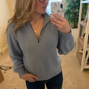 Blue Puff Sleeve Quarter Zip Sweater